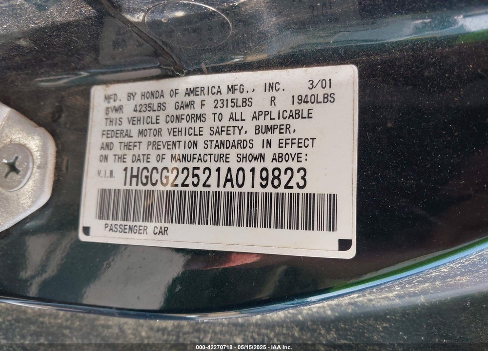 2001 HONDA ACCORD 3.0 EX VIN: 1HGCG22521A019823