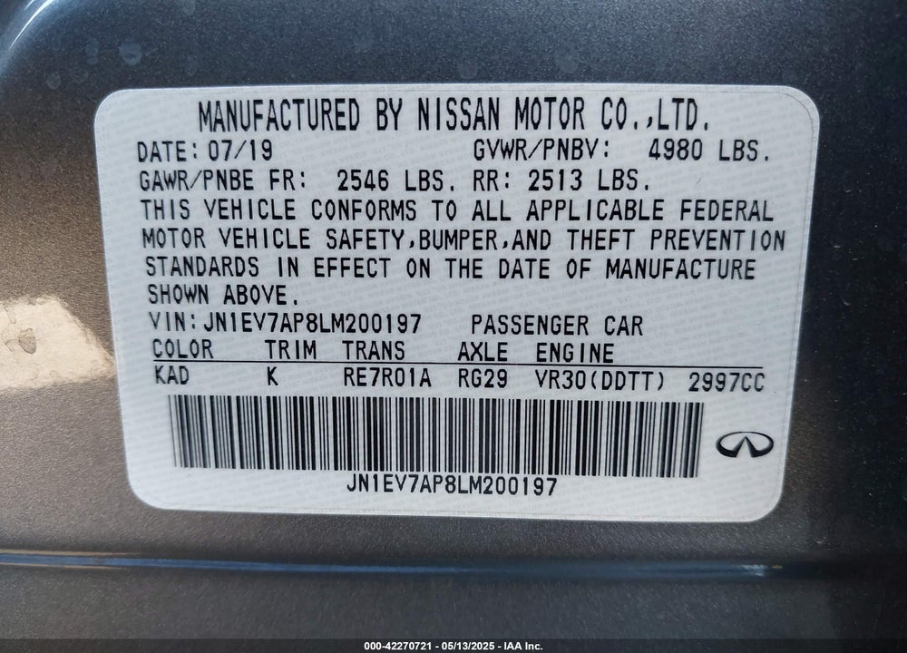 2020 INFINITI Q50 SPORT VIN: JN1EV7AP8LM200197