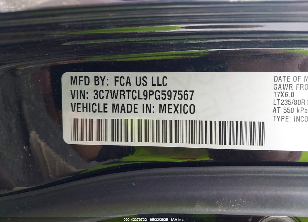 2023 RAM 3500 CHASSIS TRADESMAN/SLT/LAIE/LIMITED VIN: 3C7WRTCL9PG597567