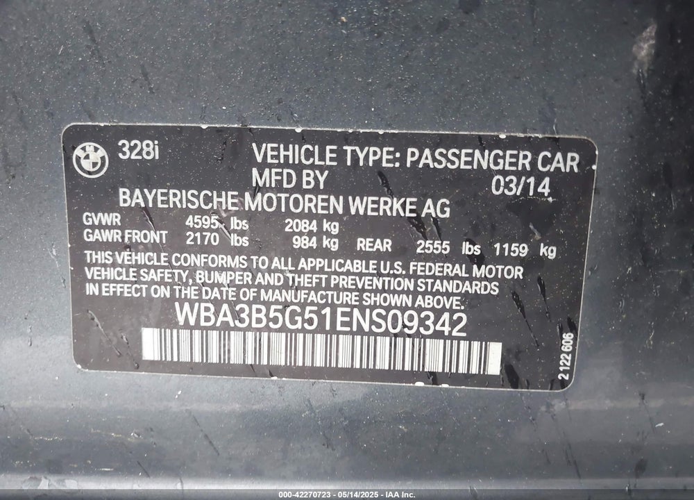 2014 BMW 328I VIN: WBA3B5G51ENS09342