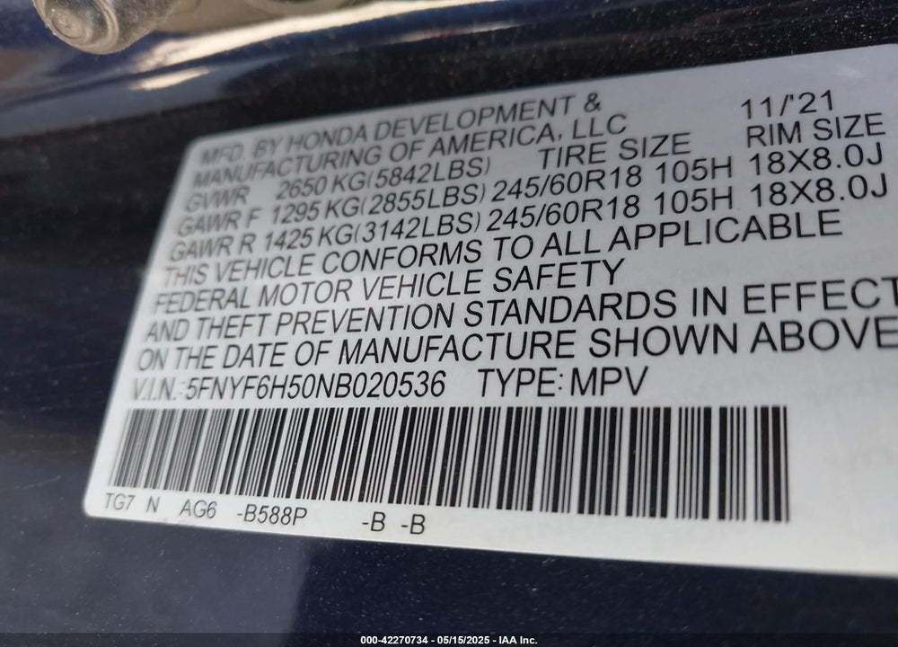 2022 HONDA PILOT VIN: 5FNYF6H50NB020536