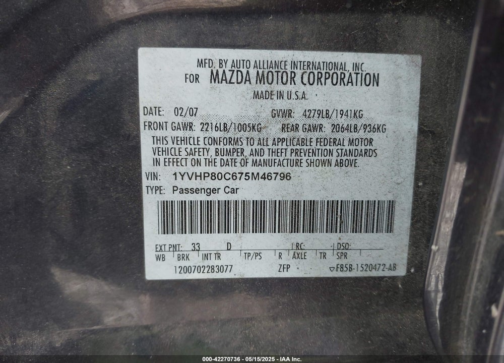 2007 MAZDA MAZDA6 VIN: 1YVHP80C675M46796