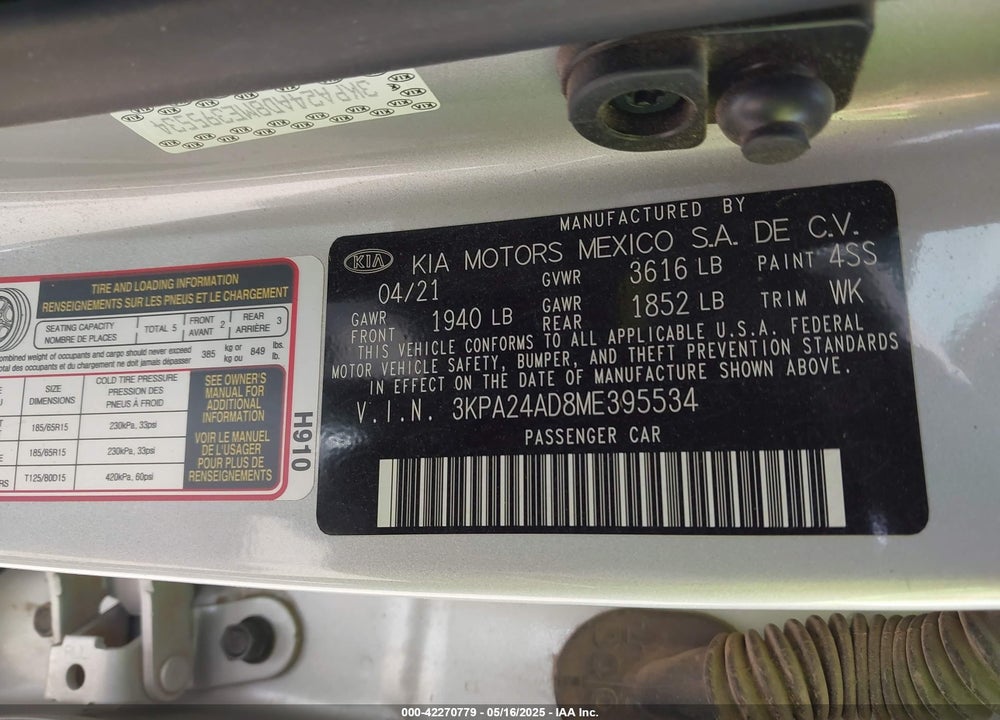2021 KIA RIO VIN: 3KPA24AD8ME395534