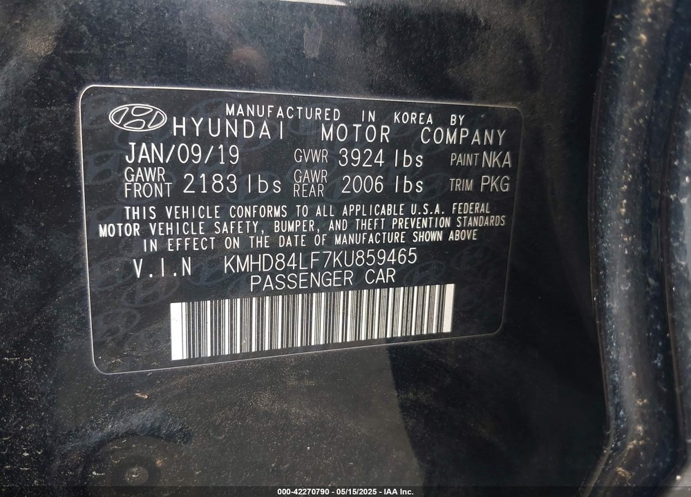 2019 HYUNDAI ELANTRA VIN: KMHD84LF7KU859465