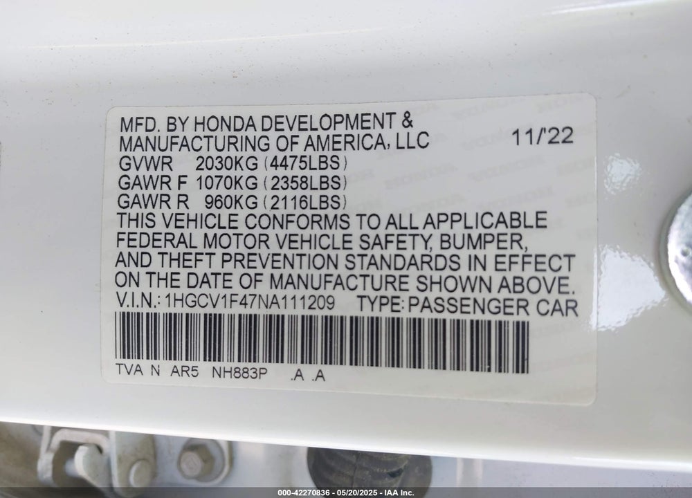 2022 HONDA ACCORD VIN: 1HGCV1F47NA111209
