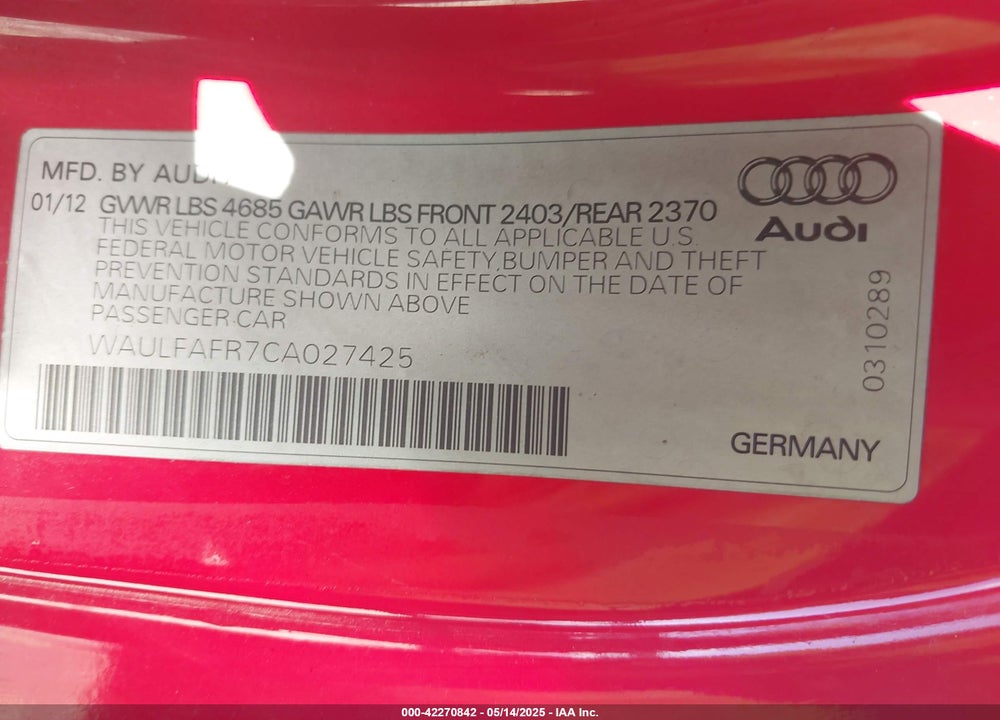 2012 AUDI A5 VIN: WAULFAFR7CA027425