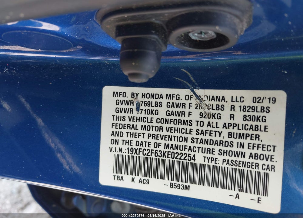 2019 HONDA CIVIC LX VIN: 19XFC2F63KE022254