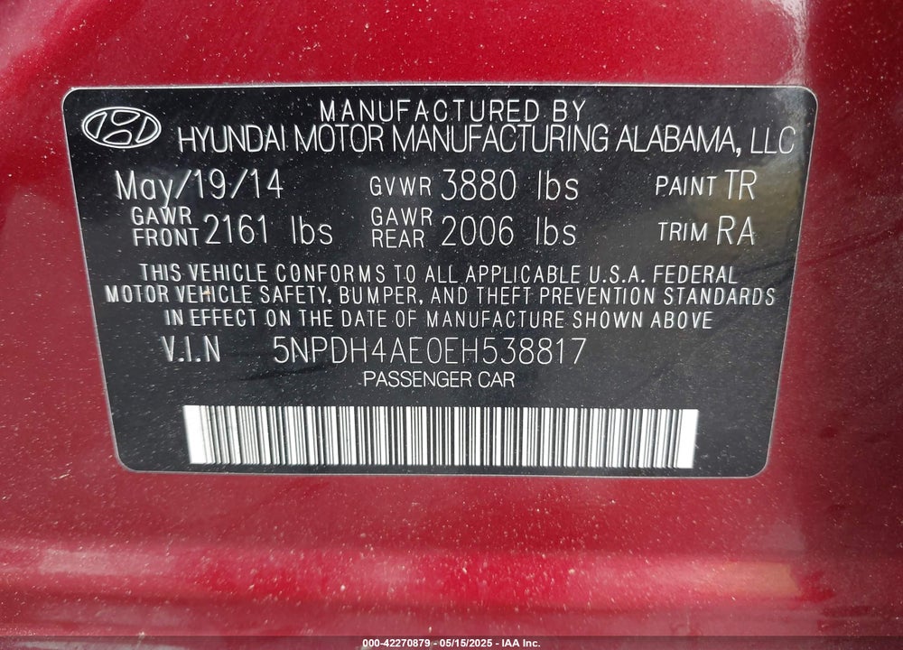 2014 HYUNDAI ELANTRA VIN: 5NPDH4AE0EH538817