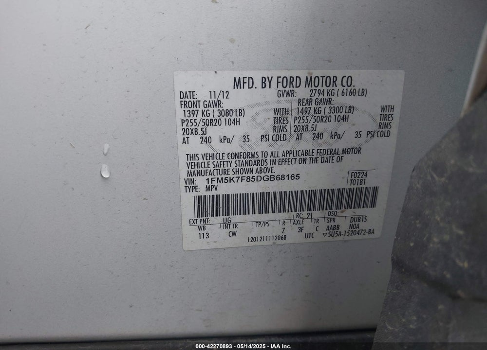 2013 FORD EXPLORER LIMITED VIN: 1FM5K7F85DGB68165