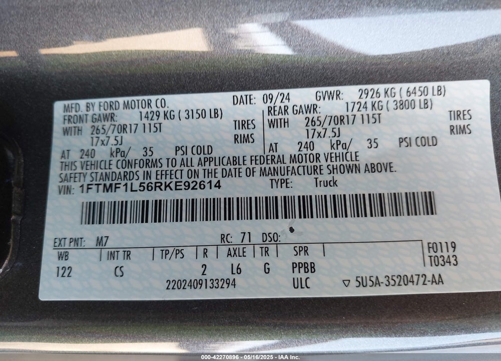 2024 FORD F-150 XL VIN: 1FTMF1L56RKE92614