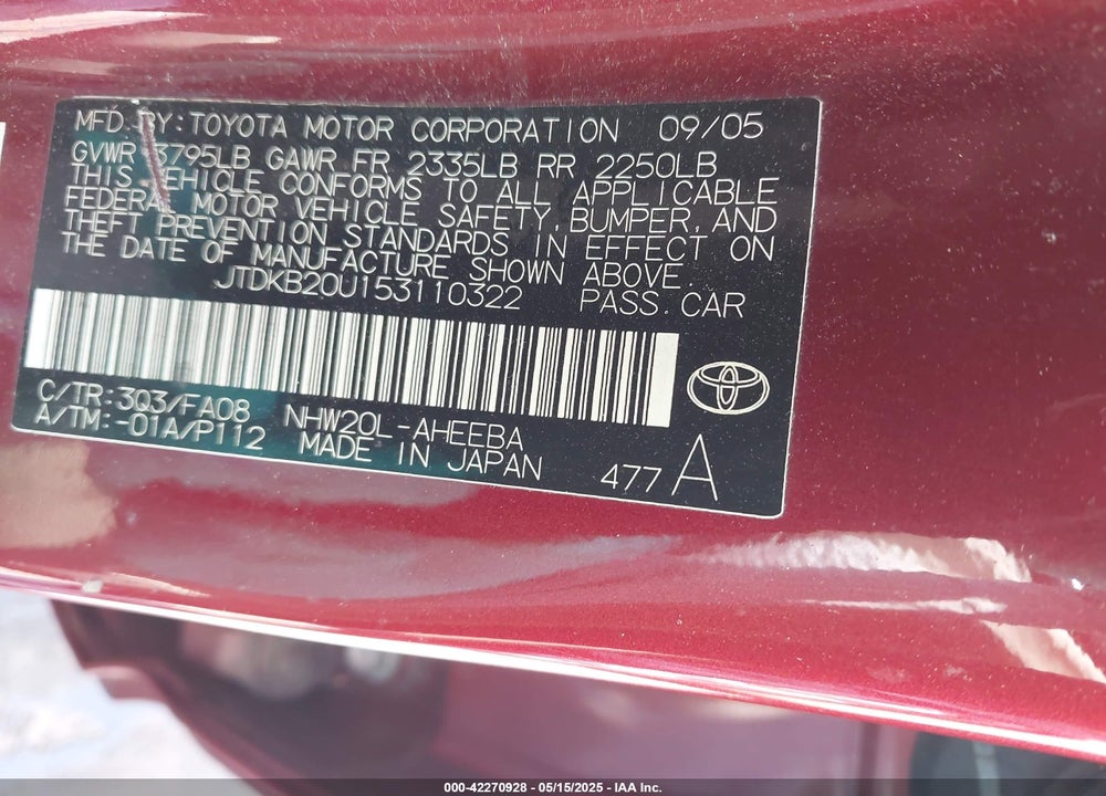 2005 TOYOTA PRIUS VIN: JTDKB20U153110322