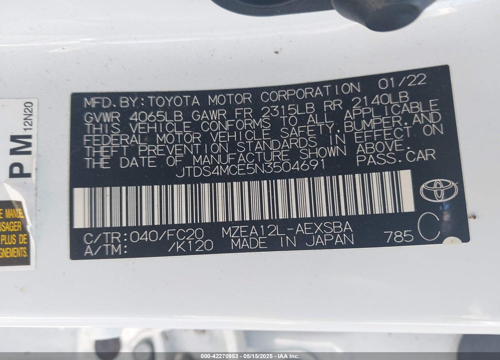 2022 TOYOTA COROLLA VIN: JTDS4MCE5N3504691