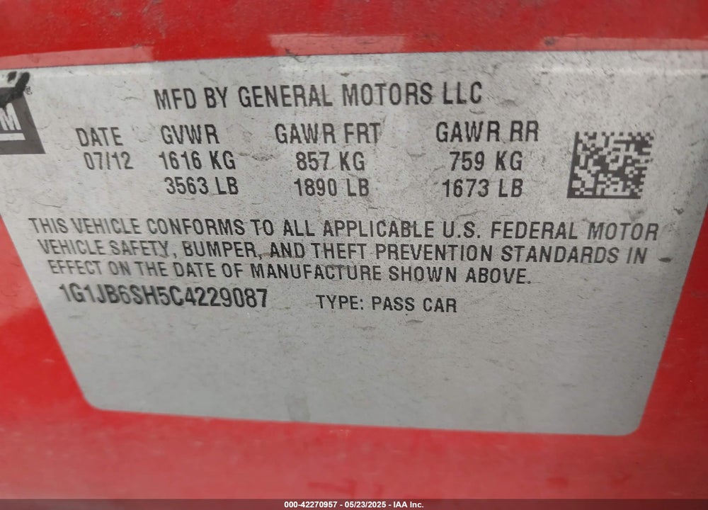 2012 CHEVROLET SONIC VIN: 1G1JB6SH5C4229087