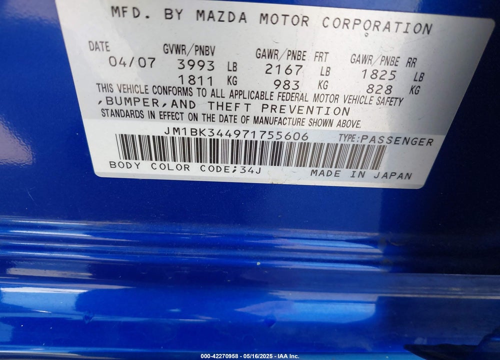 2007 MAZDA 3 S TOURING VIN: JM1BK344971755606