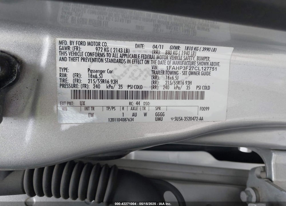 2012 FORD FOCUS VIN: 1FAHP3F27CL127751