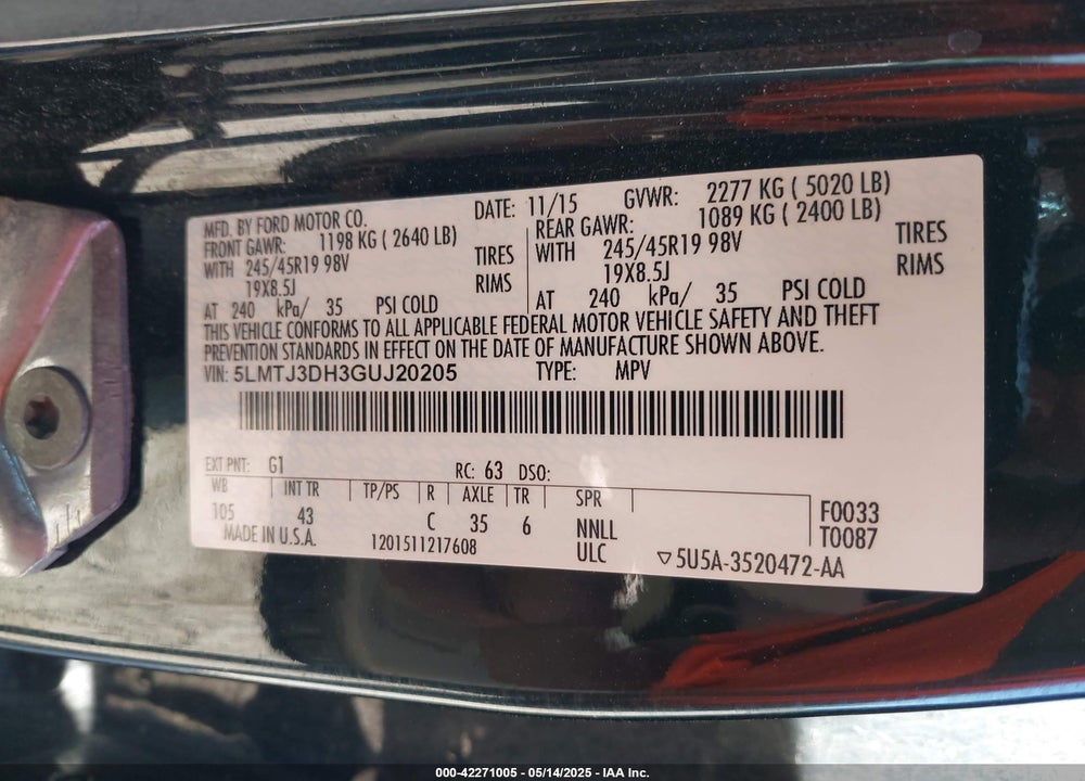 2016 LINCOLN MKC RESERVE VIN: 5LMTJ3DH3GUJ20205