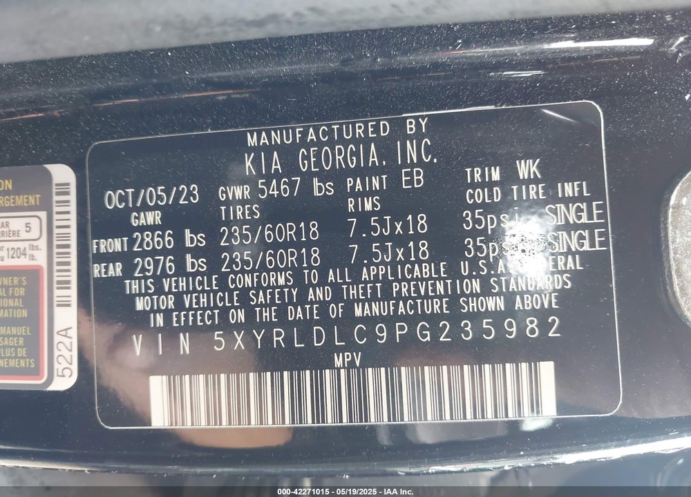 2023 KIA SORENTO VIN: 5XYRLDLC9PG235982