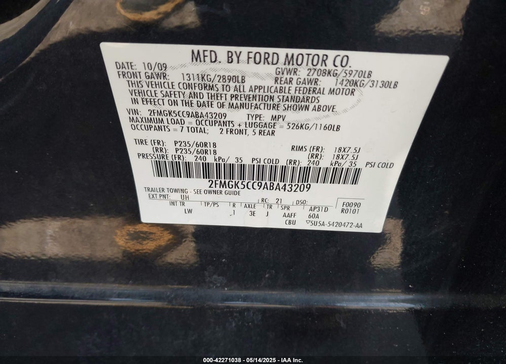 2010 FORD FLEX VIN: 2FMGK5CC9ABA43209