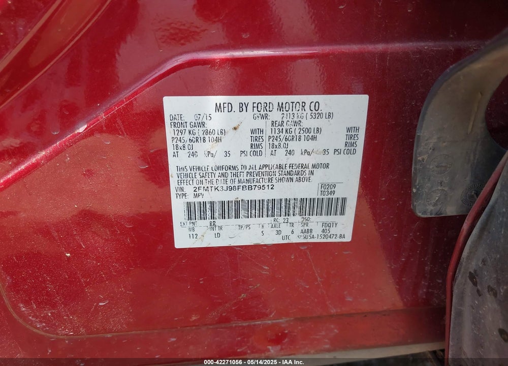 2015 FORD EDGE VIN: 2FMTK3J98FBB79512