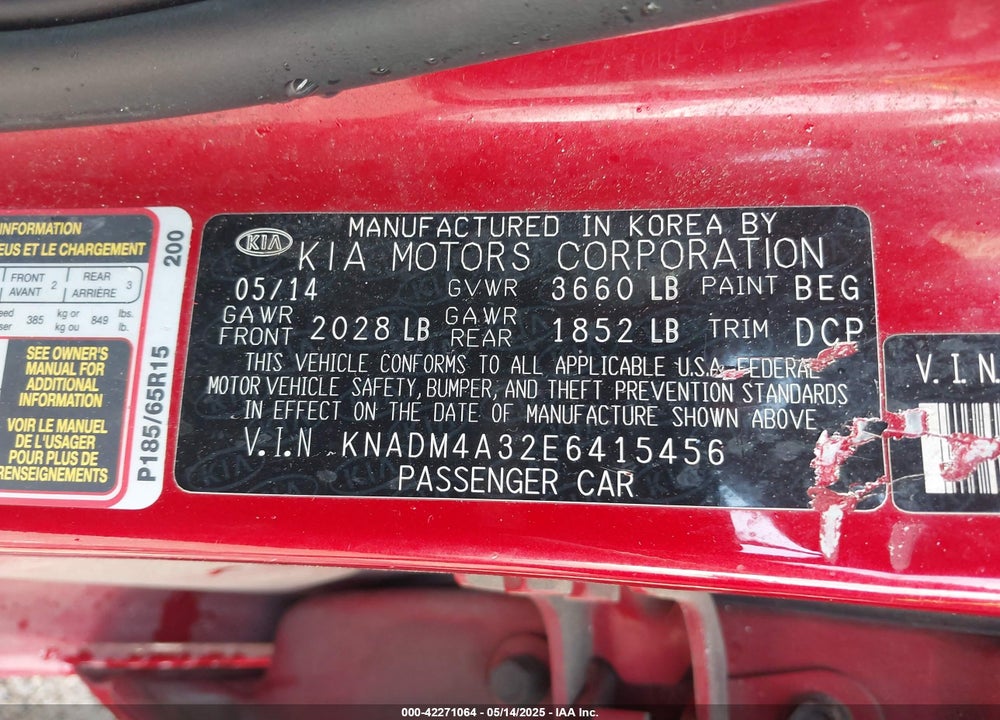 2014 KIA RIO VIN: KNADM4A32E6415456