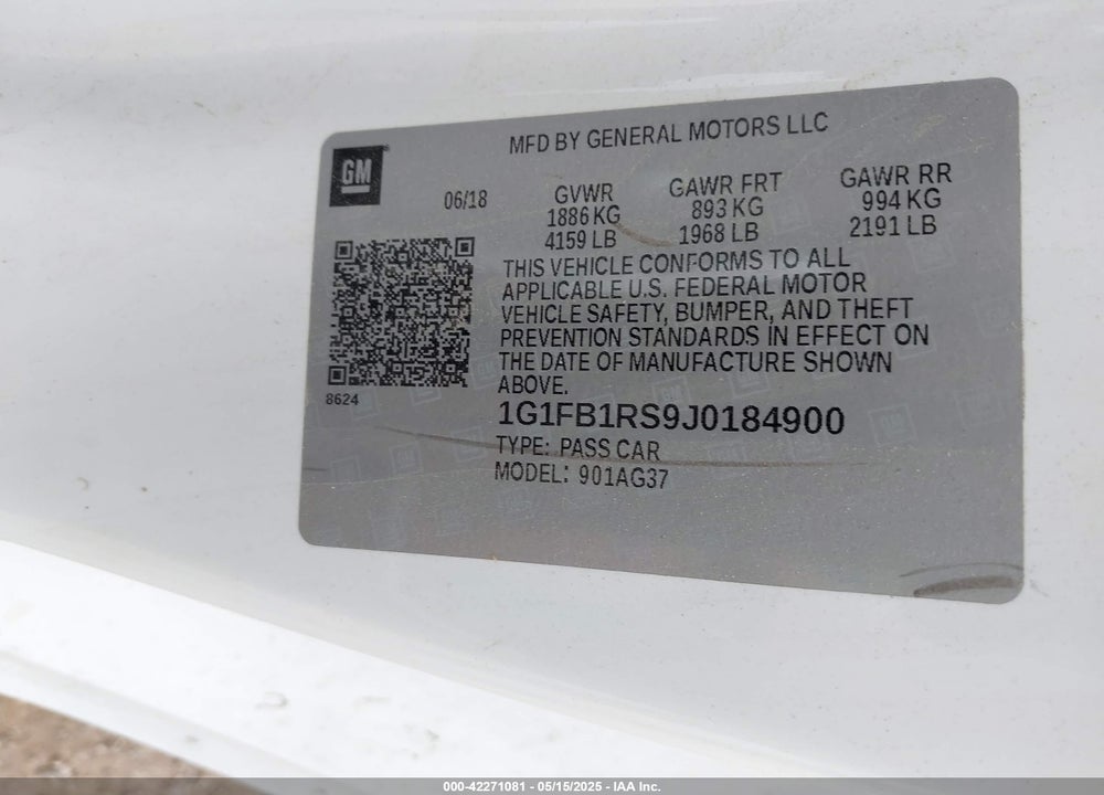 2018 CHEVROLET CAMARO VIN: 1G1FB1RS9J0184900