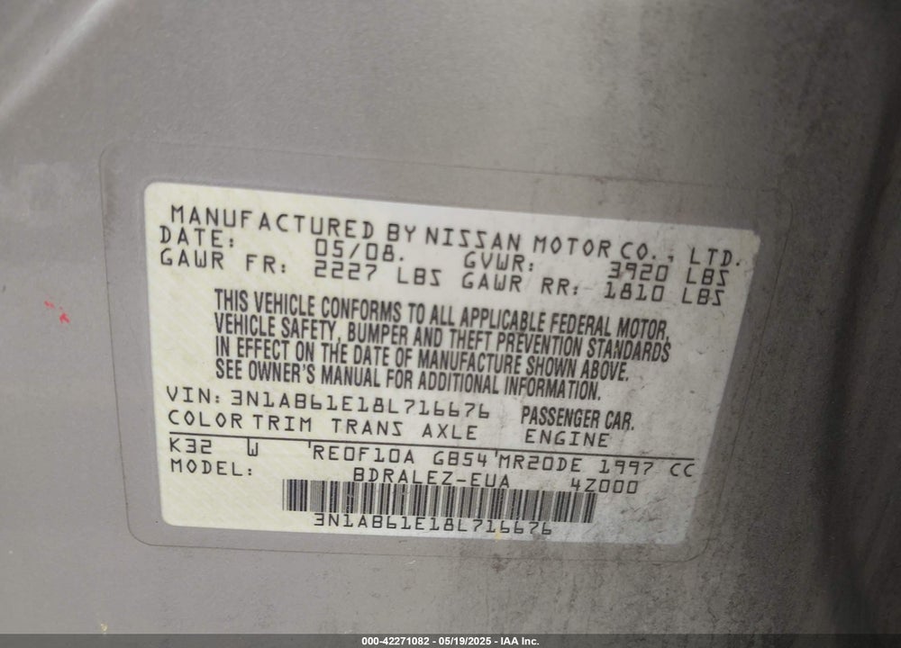 2008 NISSAN SENTRA 2.0S VIN: 3N1AB61E18L716676