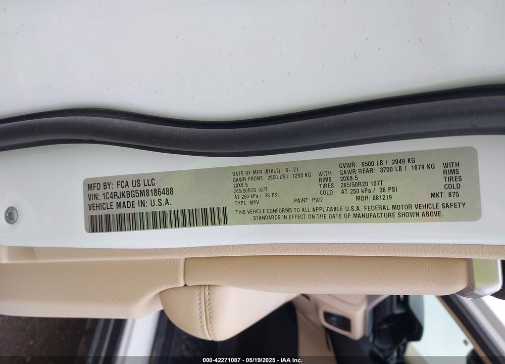 2021 JEEP GRAND CHEROKEE L LIMITED 4X4 VIN: 1C4RJKBG5M8186488