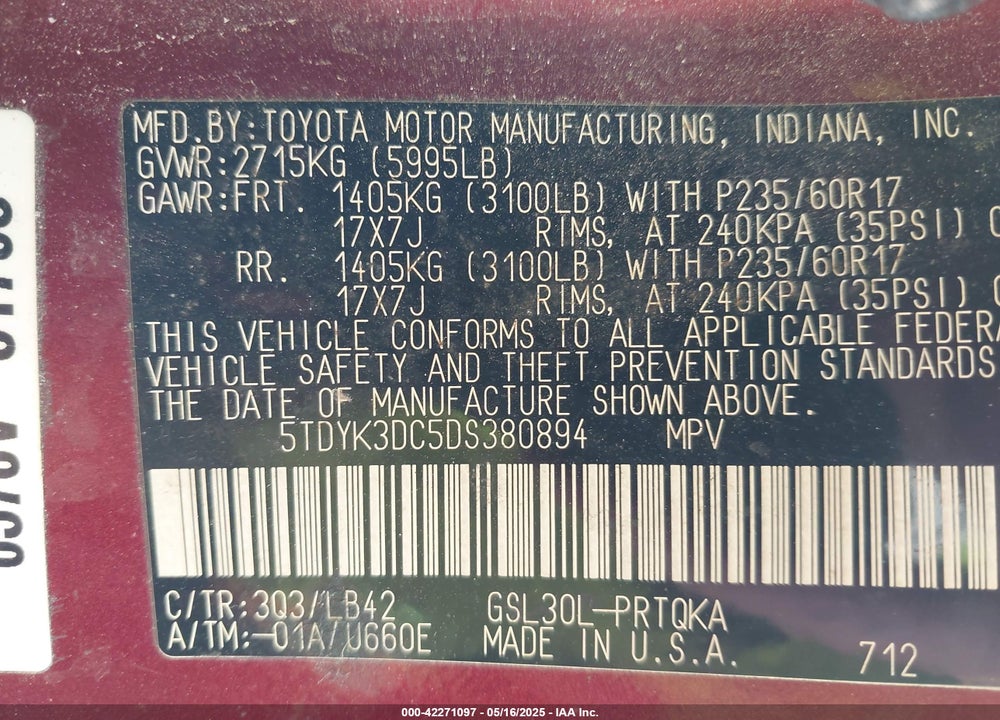 2013 TOYOTA SIENNA XLE V6 8 PASSENGER VIN: 5TDYK3DC5DS380894