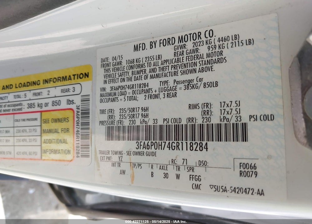 2016 FORD FUSION VIN: 3FA6P0H74GR118284