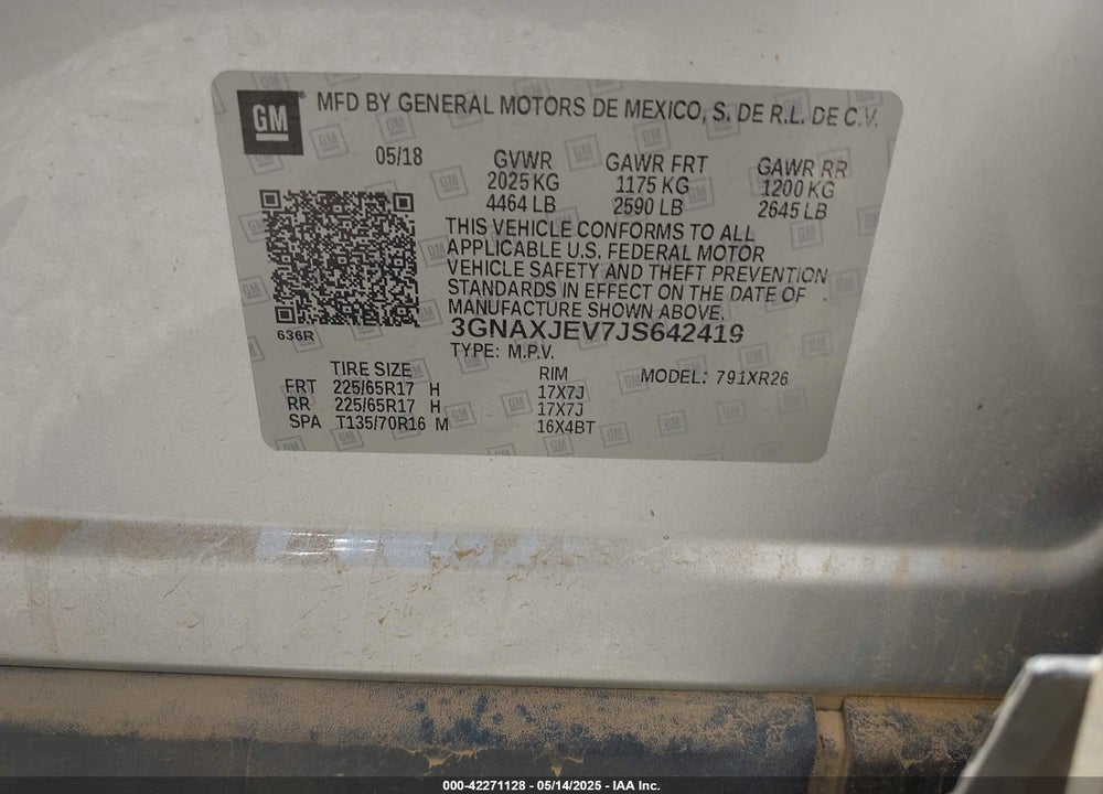 2018 CHEVROLET EQUINOX VIN: 3GNAXJEV7JS642419