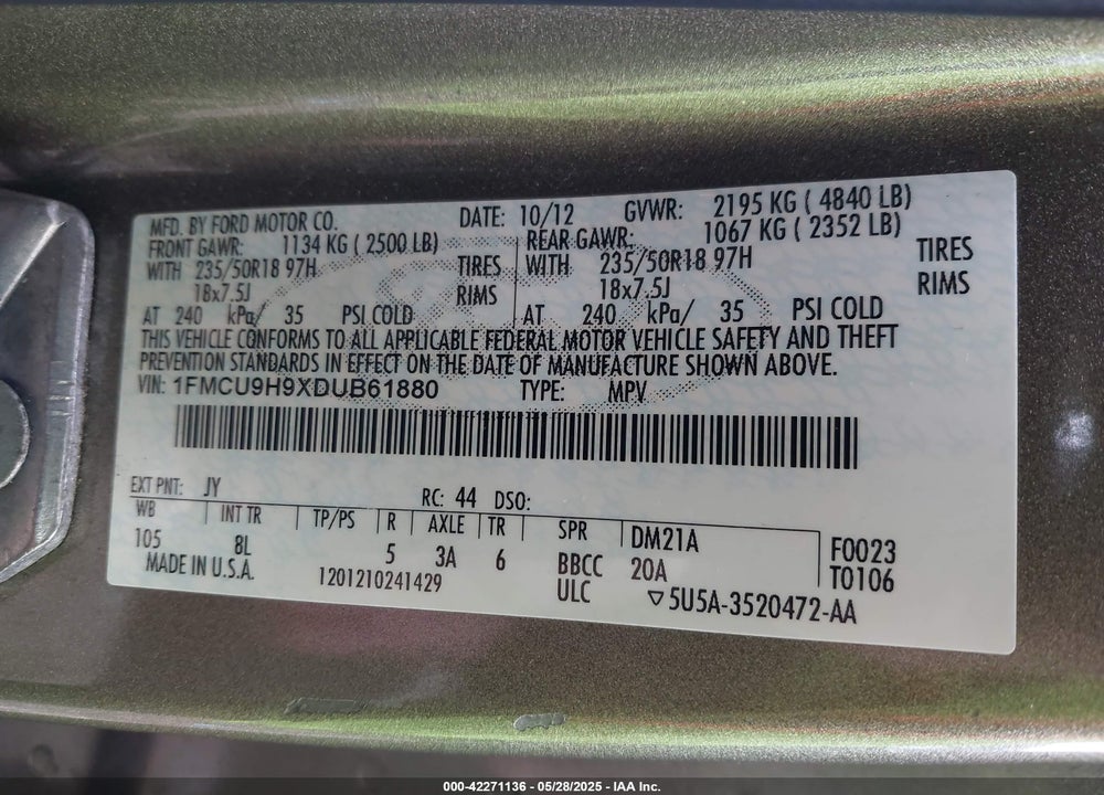 2013 FORD ESCAPE SEL VIN: 1FMCU9H9XDUB61880