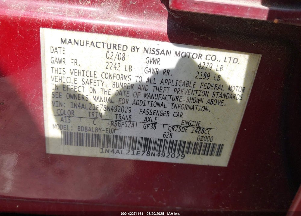 2008 NISSAN ALTIMA VIN: 1N4AL21E78N492029
