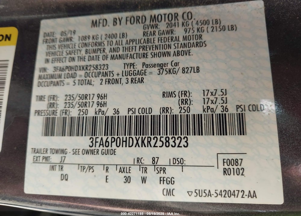 2019 FORD FUSION SE VIN: 3FA6P0HDXKR258323