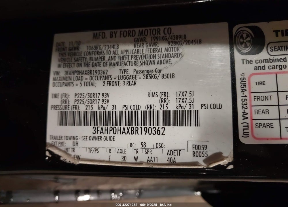 2011 FORD FUSION SE VIN: 3FAHP0HAXBR190362