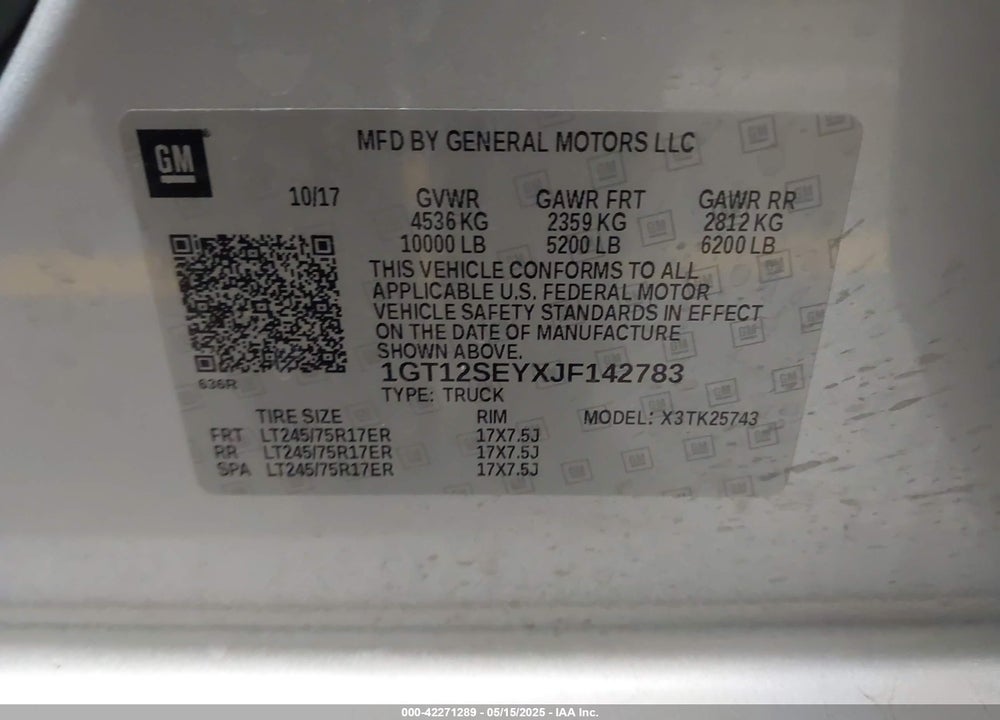 2018 GMC SIERRA VIN: 1GT12SEYXJF142783