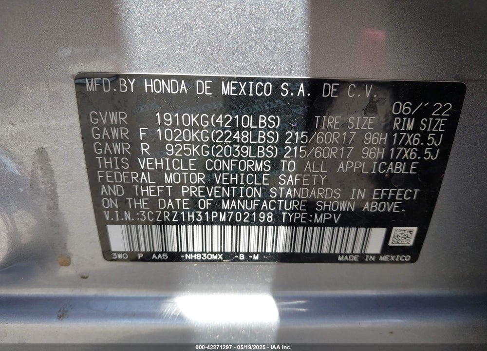 2023 HONDA HR-V VIN: 3CZRZ1H31PM702198