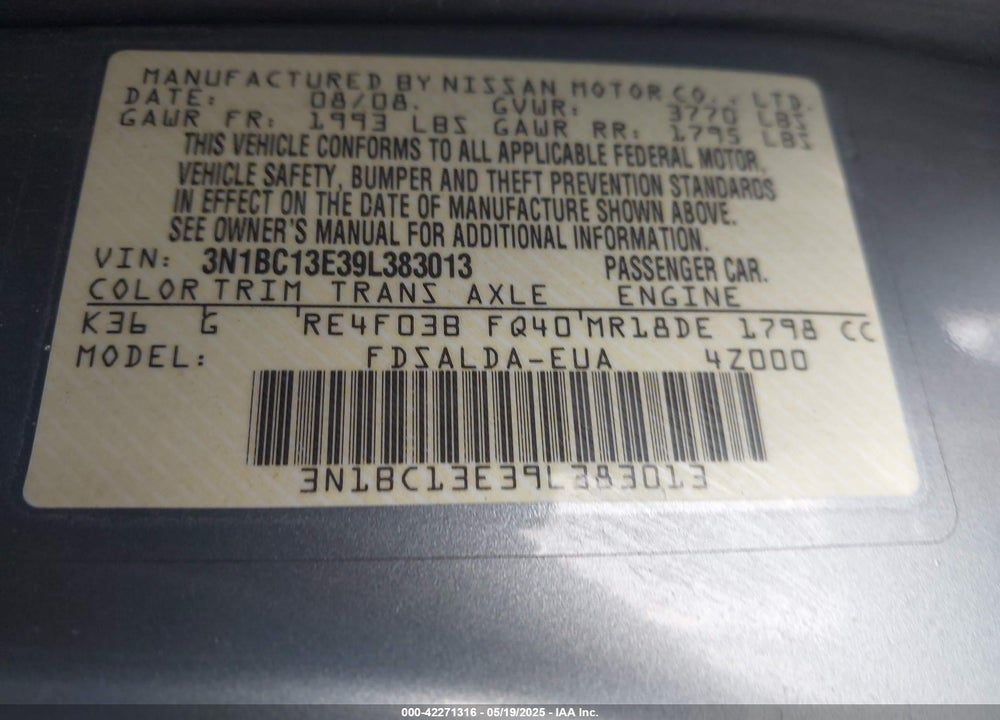 2009 NISSAN VERSA 1.8S VIN: 3N1BC13E39L383013