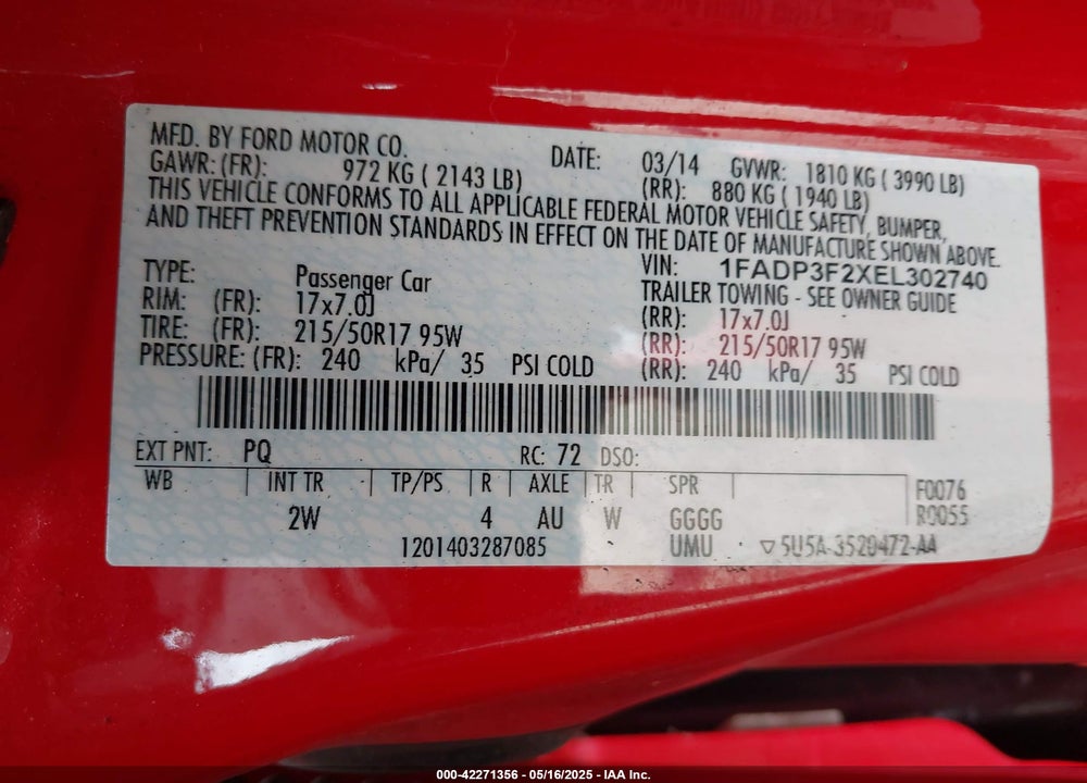 2014 FORD FOCUS SE VIN: 1FADP3F2XEL302740