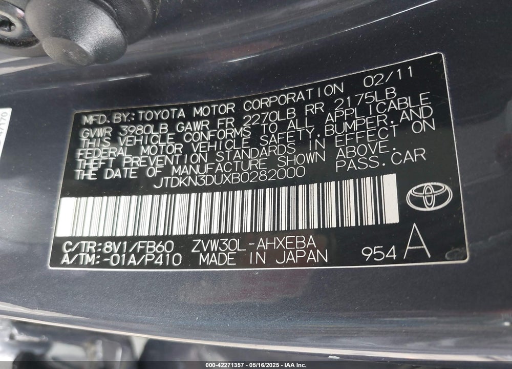 2011 TOYOTA PRIUS TWO VIN: JTDKN3DUXB0282000