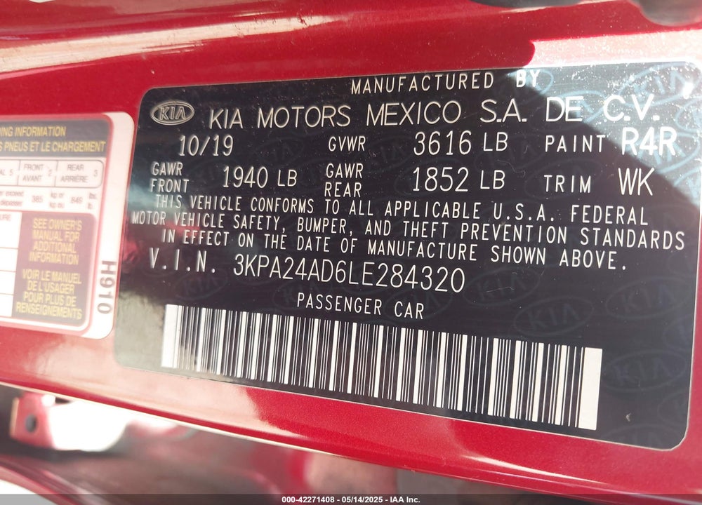 2020 KIA RIO VIN: 3KPA24AD6LE284320