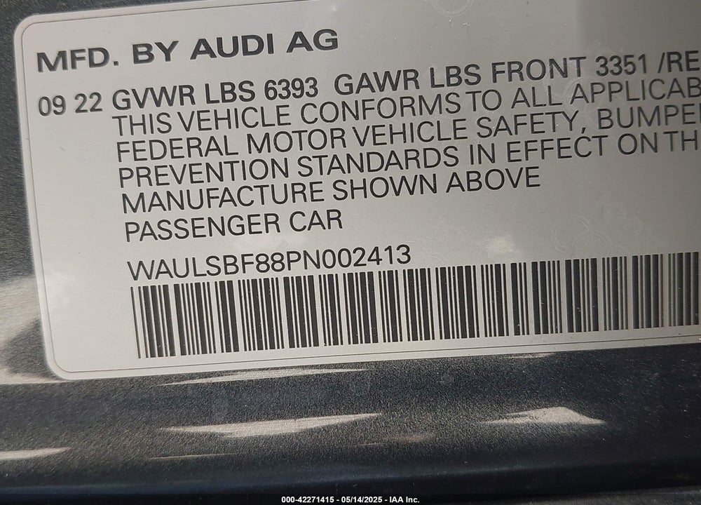 2023 AUDI S8 VIN: WAULSBF88PN002413