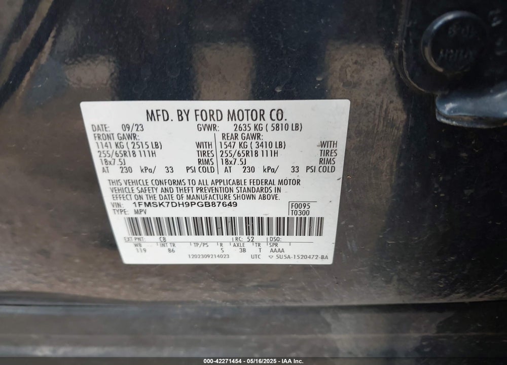2023 FORD EXPLORER VIN: 1FMSK7DH9PGB87649