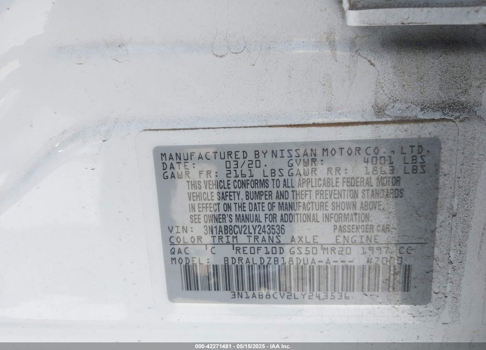 2020 NISSAN SENTRA VIN: 3N1AB8CV2LY243536