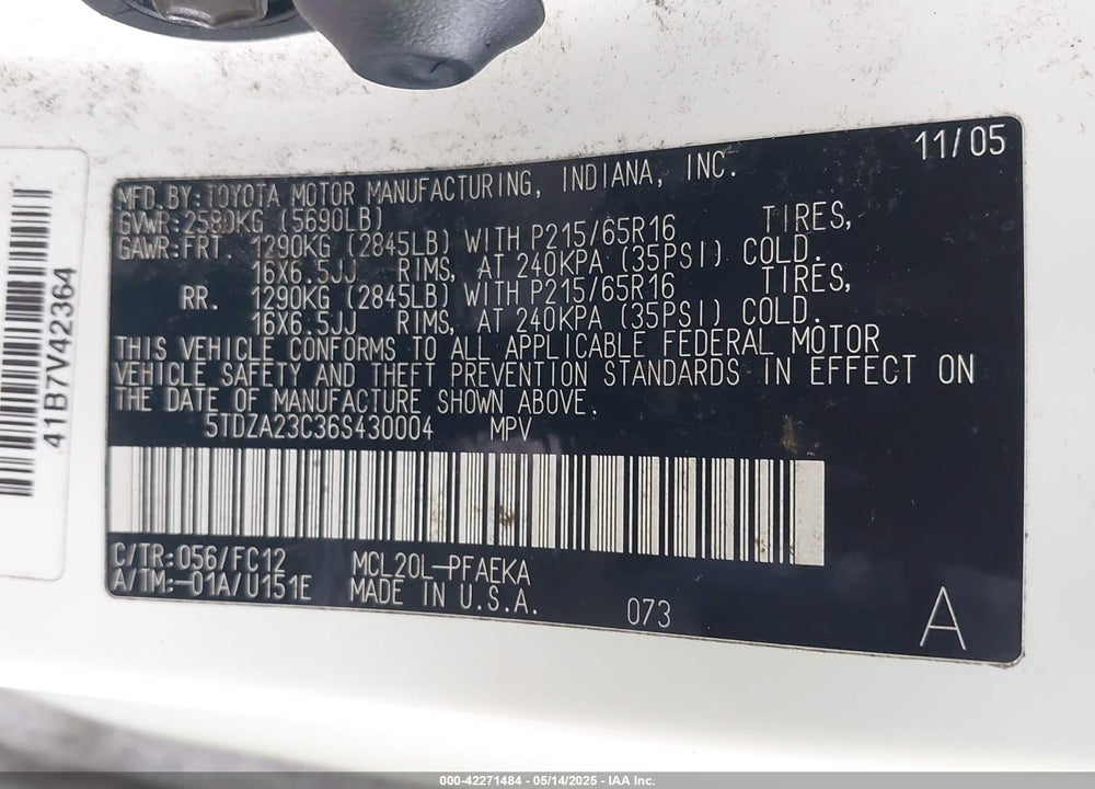 2006 TOYOTA SIENNA VIN: 5TDZA23C36S430004