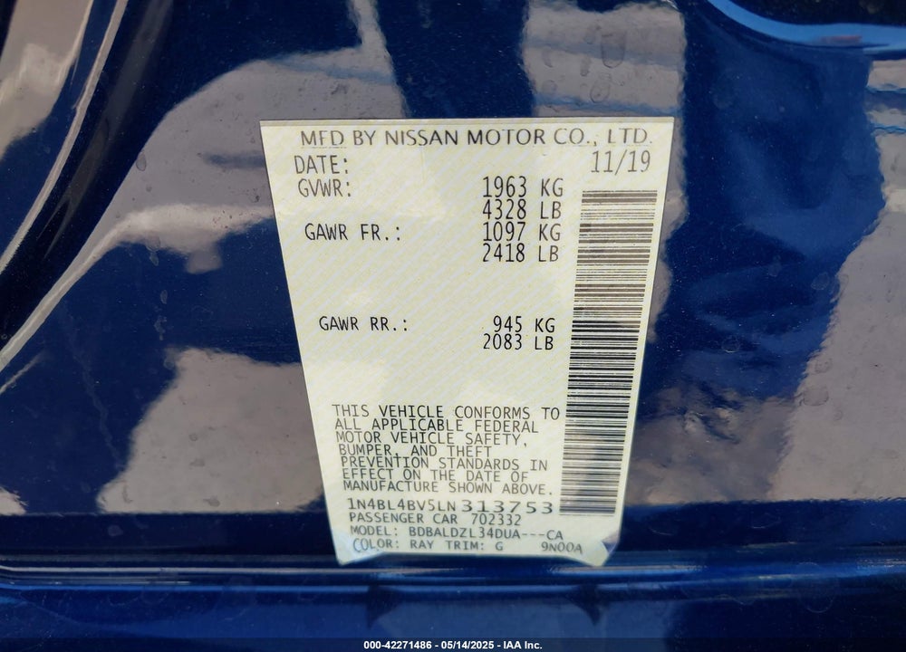 2020 NISSAN ALTIMA S FWD VIN: 1N4BL4BV5LN313753
