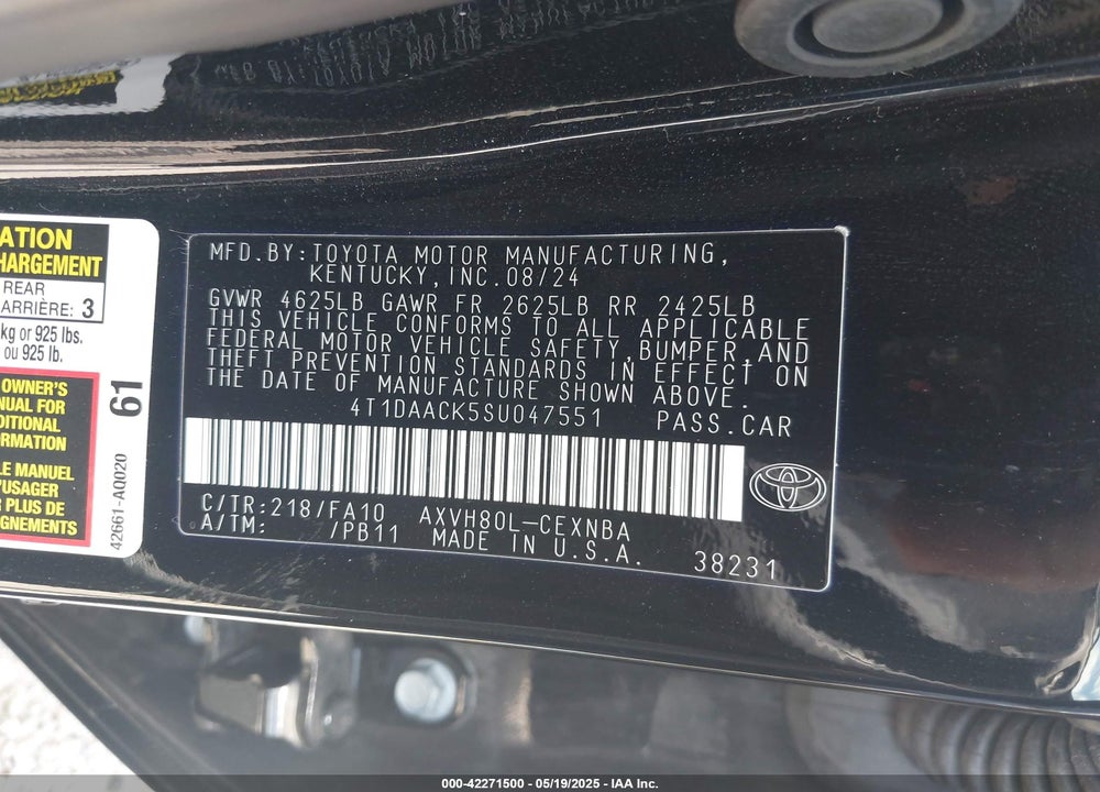 2025 TOYOTA CAMRY VIN: 4T1DAACK5SU047551