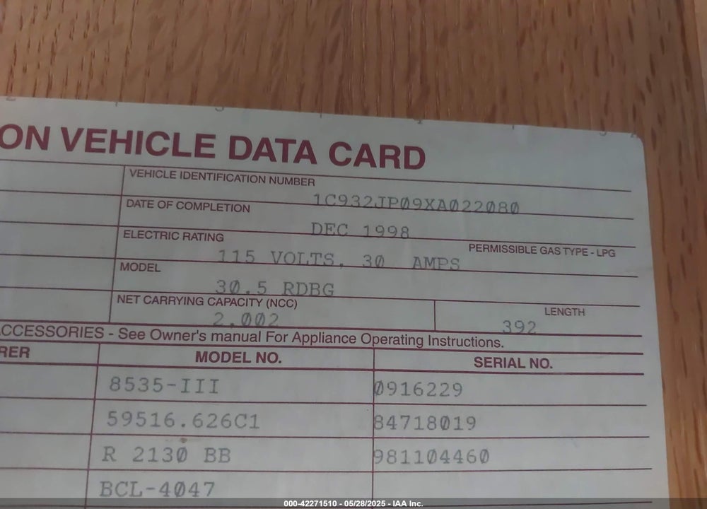 1999 NUWA HITCHHIKER VIN: 1C932JP09XA022080
