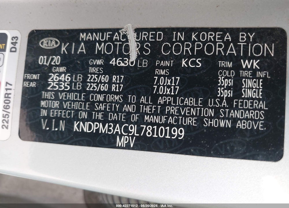 2020 KIA SPORTAGE VIN: KNDPM3AC9L7810199