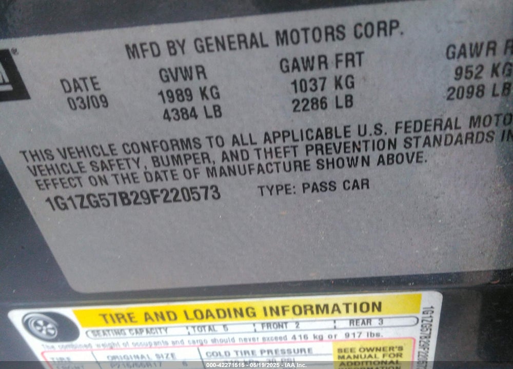 2009 CHEVROLET MALIBU VIN: 1G1ZG57B29F220573