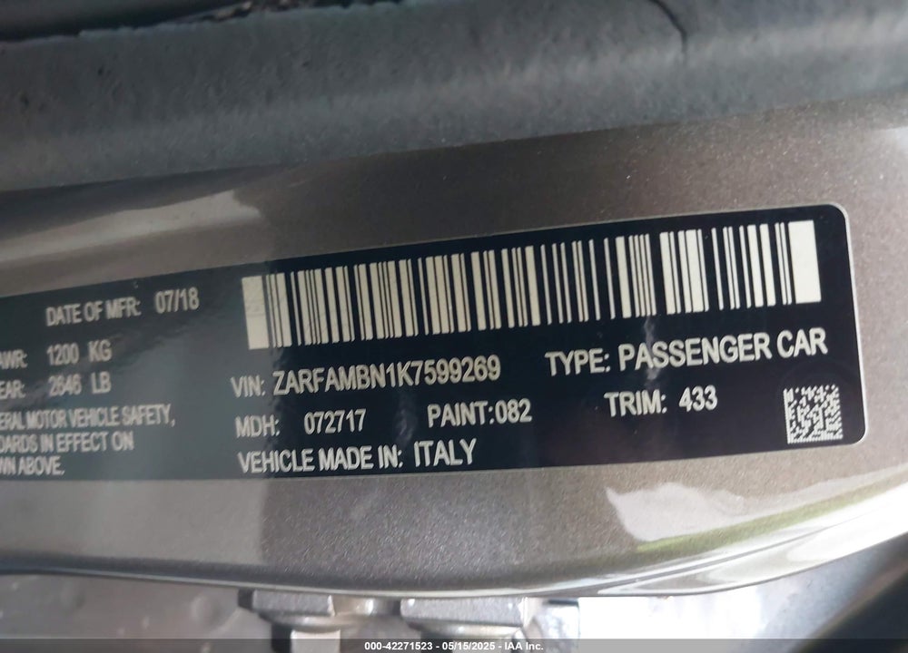 2019 ALFA ROMEO GIULIA VIN: ZARFAMBN1K7599269
